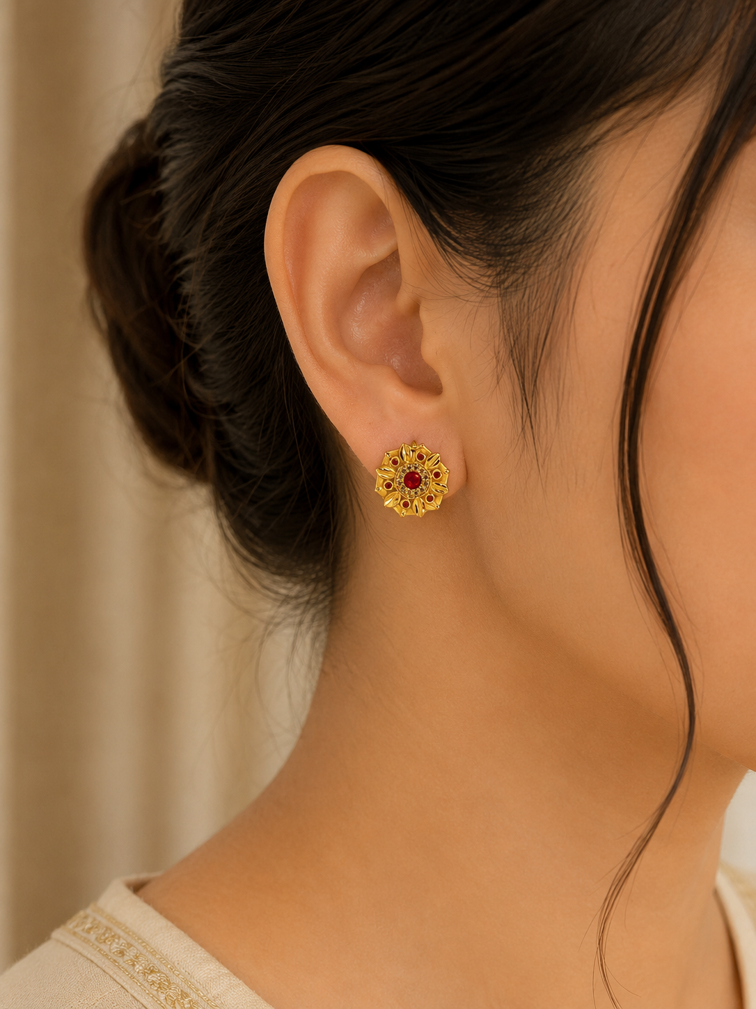 Gold Plated Red Stone Floral Stud Earrings for Women