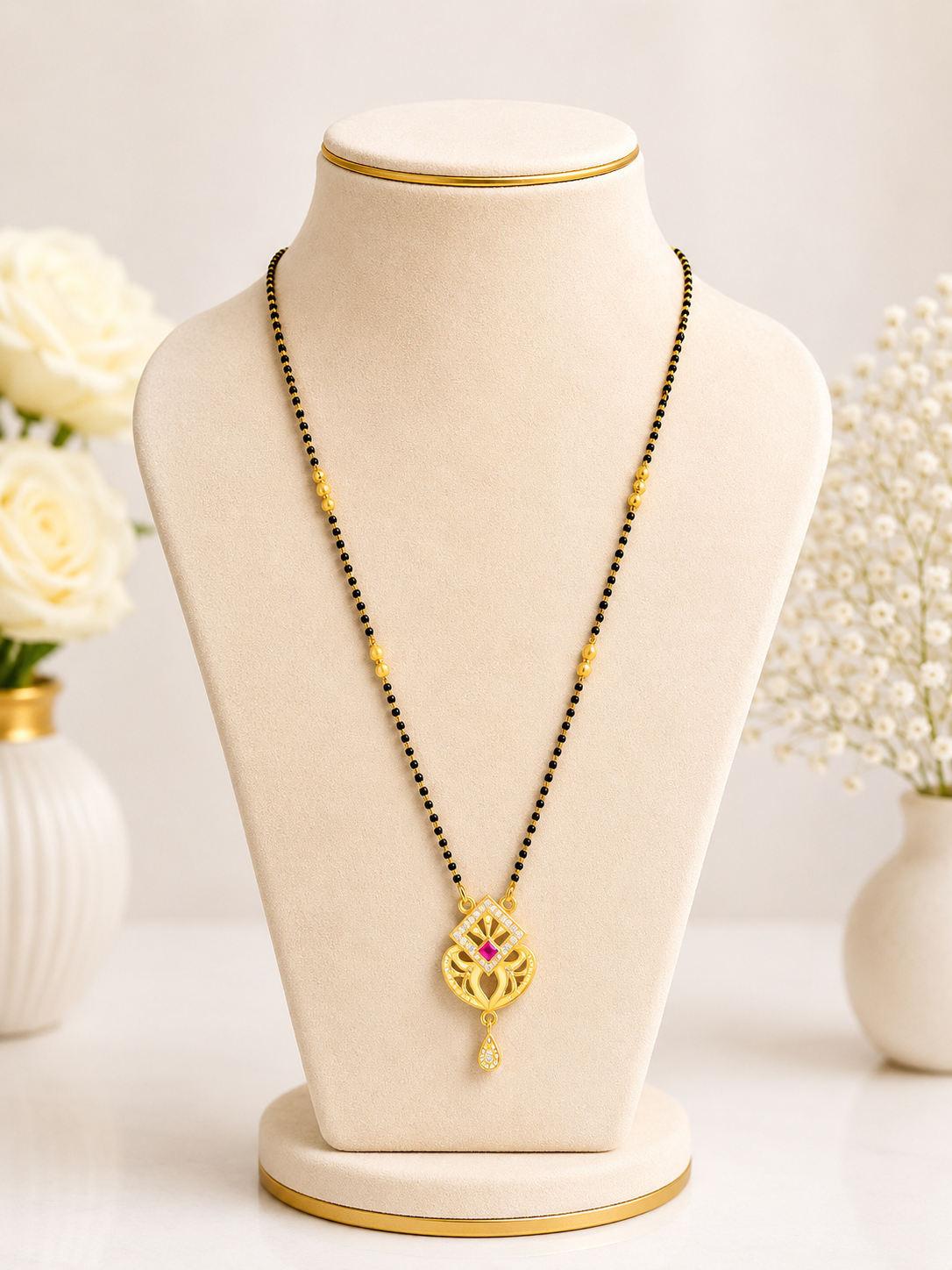 Elegant Lotus Ruby Drop Mangalsutra Necklace