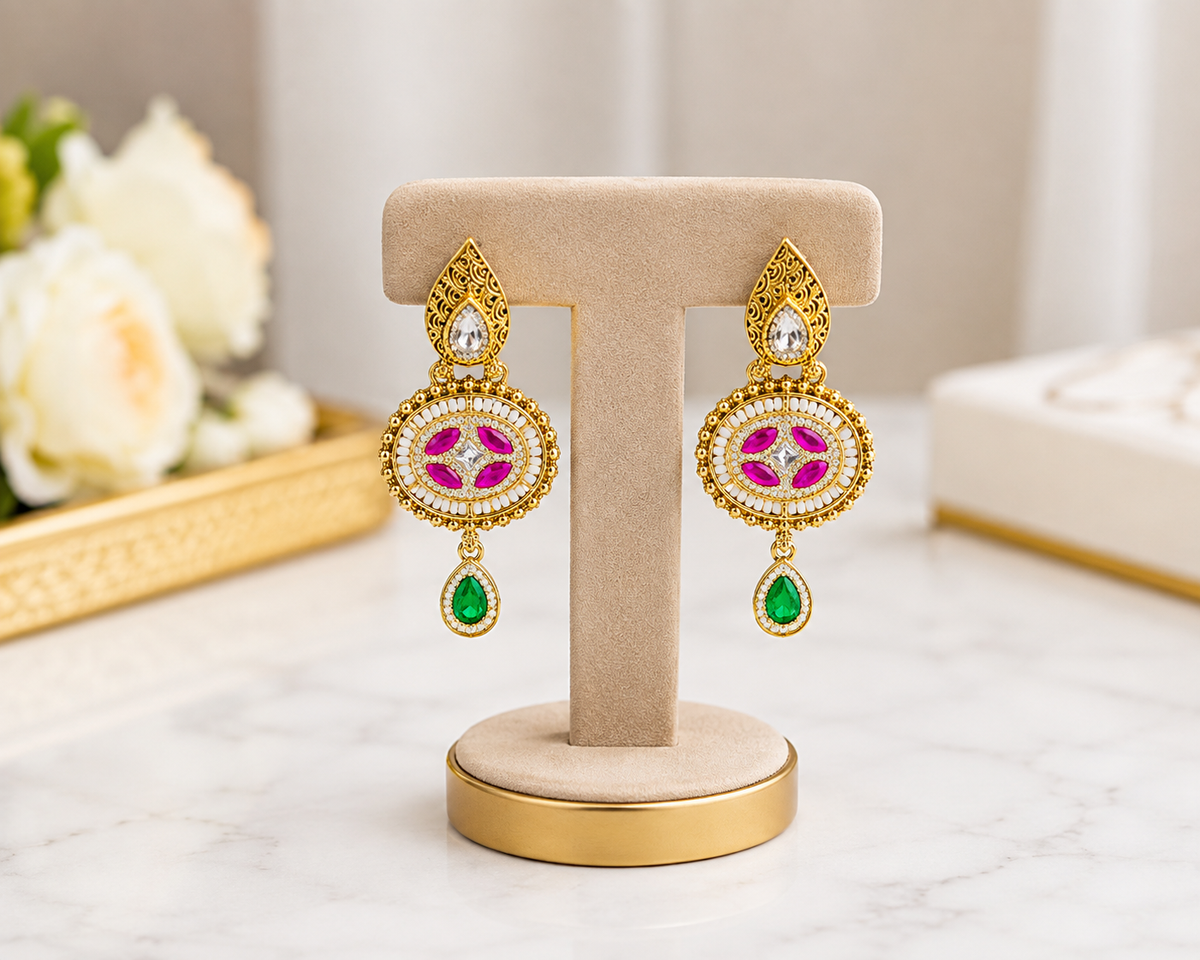 Royal Pink & Emerald Kundan Drop Earrings – Premium Statement Jewellery