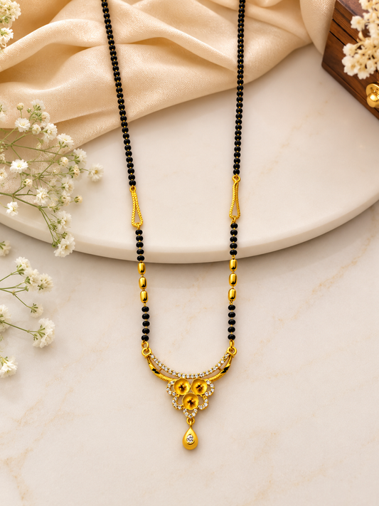 Floral Elegance Black Beaded Mangalsutra – Premium Gold-Tone Pendant Necklace