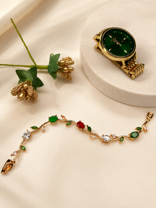 Green & Red Gemstone Leaf Bracelet for Women – Elegant Floral Jewellery