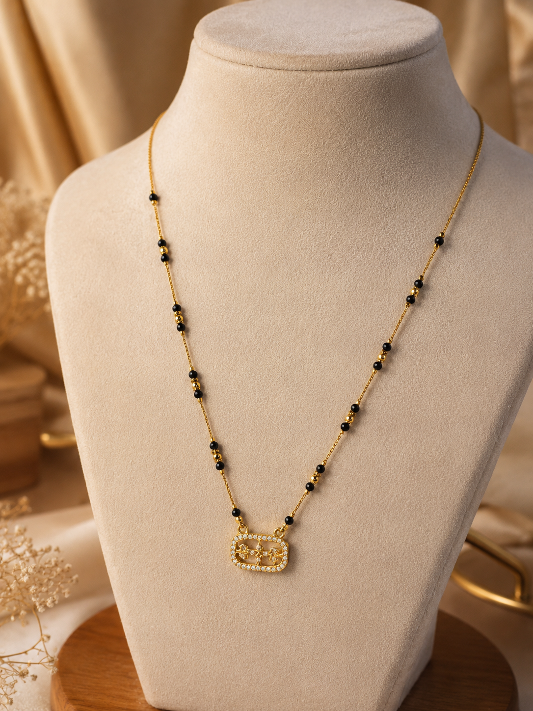 Elegant Gold Plated Black Beaded Mangalsutra with CZ Pendant
