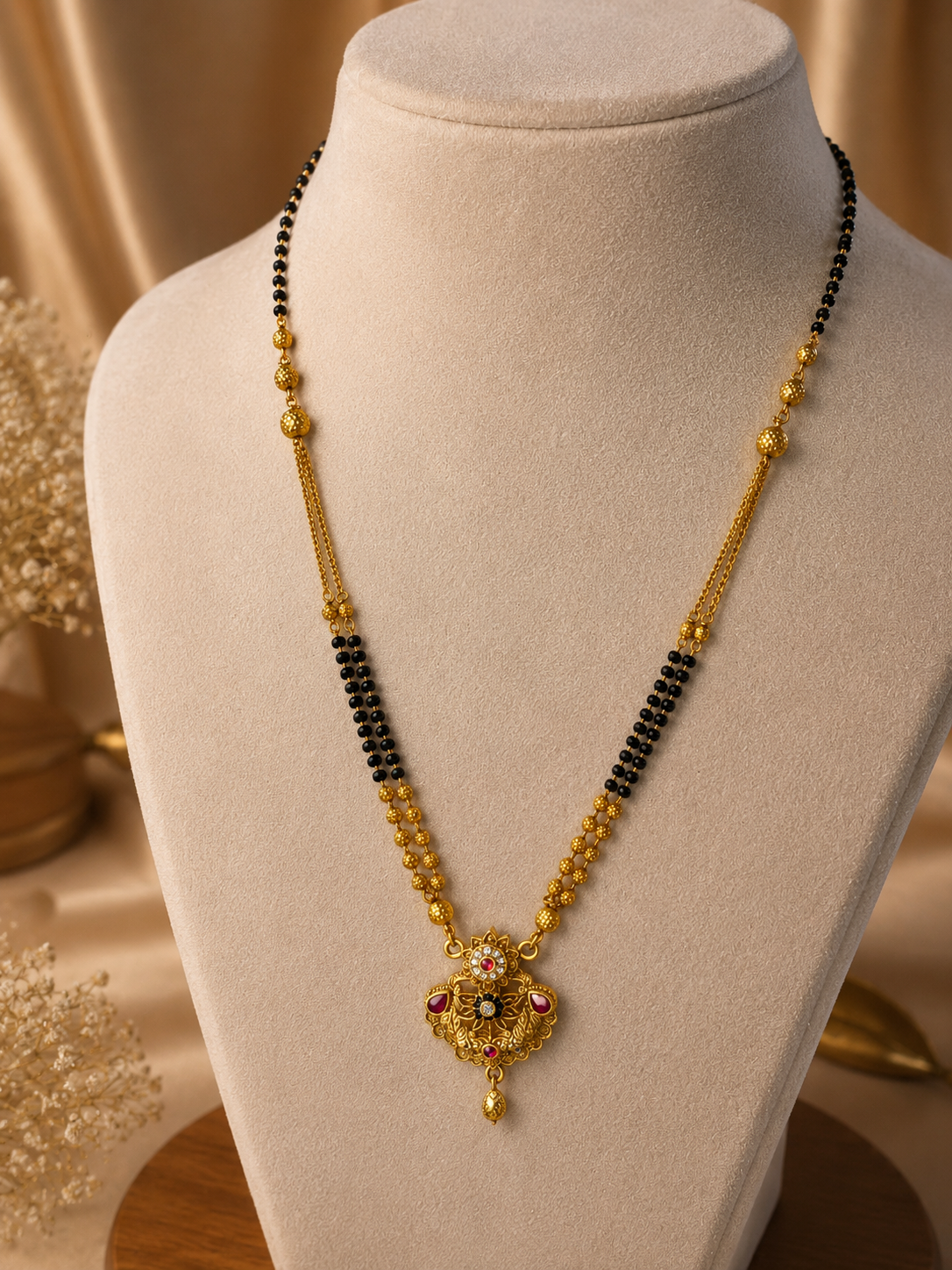 Designer Gold Plated Traditional Mangalsutra with Black Beads & Red Stone