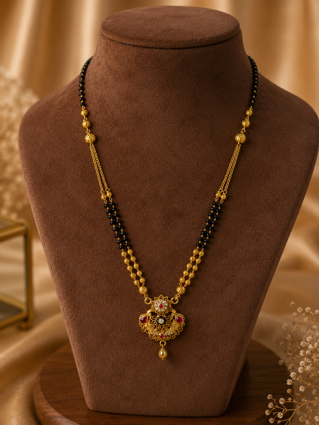 Designer Gold Plated Traditional Mangalsutra with Black Beads & Red Stone