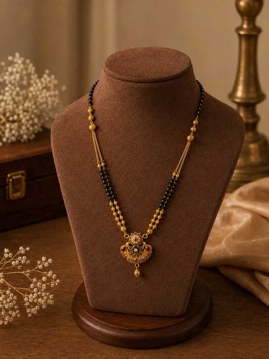 Designer Gold Plated Traditional Mangalsutra with Black Beads & Red Stone