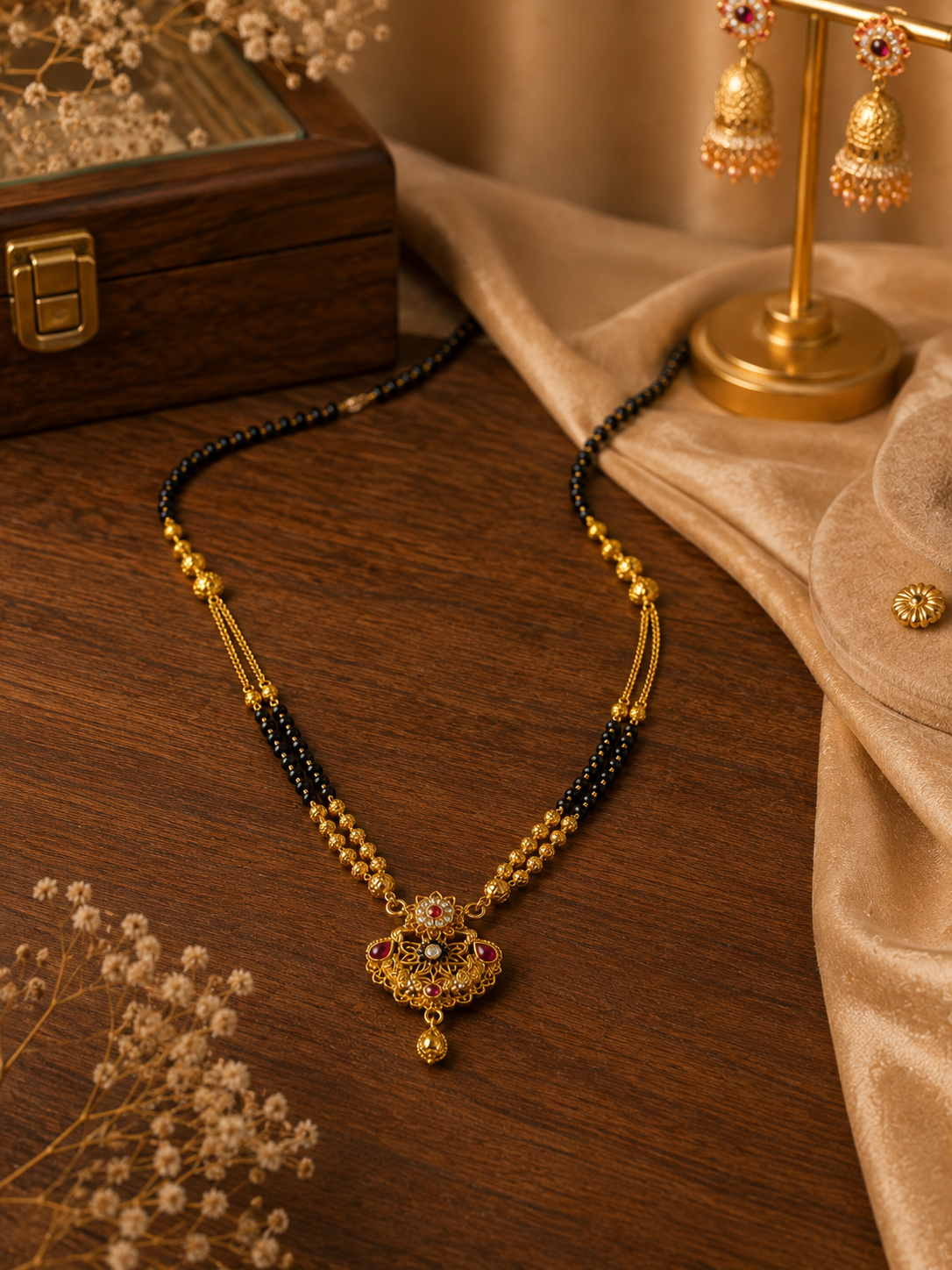 Designer Gold Plated Traditional Mangalsutra with Black Beads & Red Stone