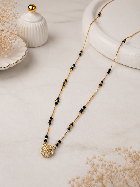 Elegant Floral Gold Plated Black Beads Mangalsutra with Stone Pendant