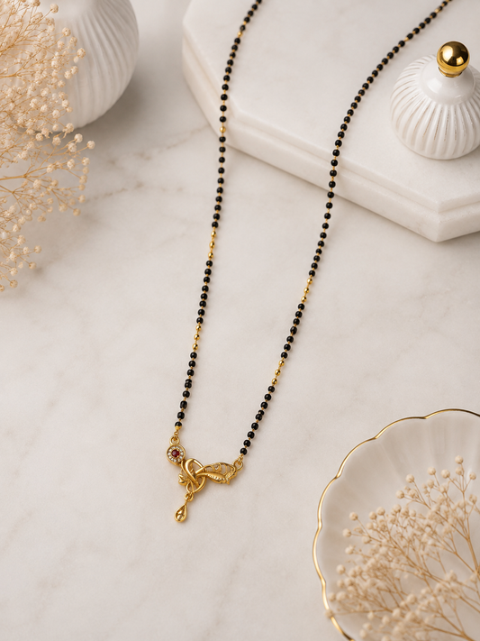 Modern Gold Plated Black Beads Mangalsutra with Round CZ Pendant