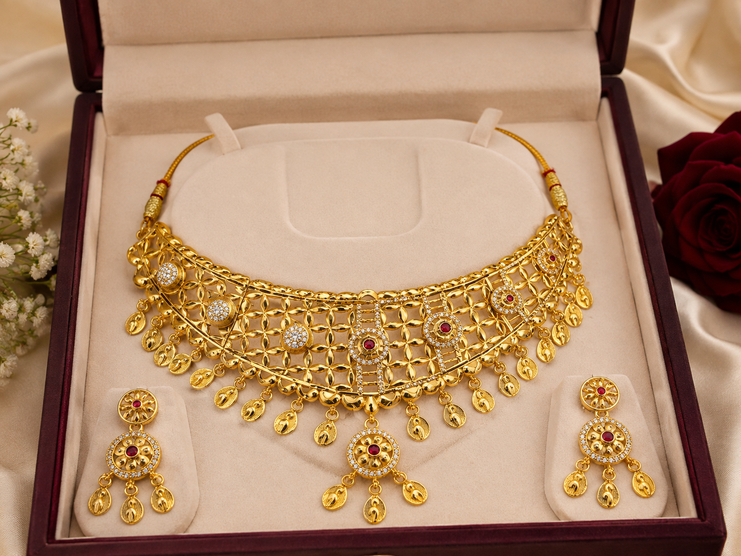 Rajwada Luxe Gold-Tone Bridal Necklace Set with Red Stone & Earrings