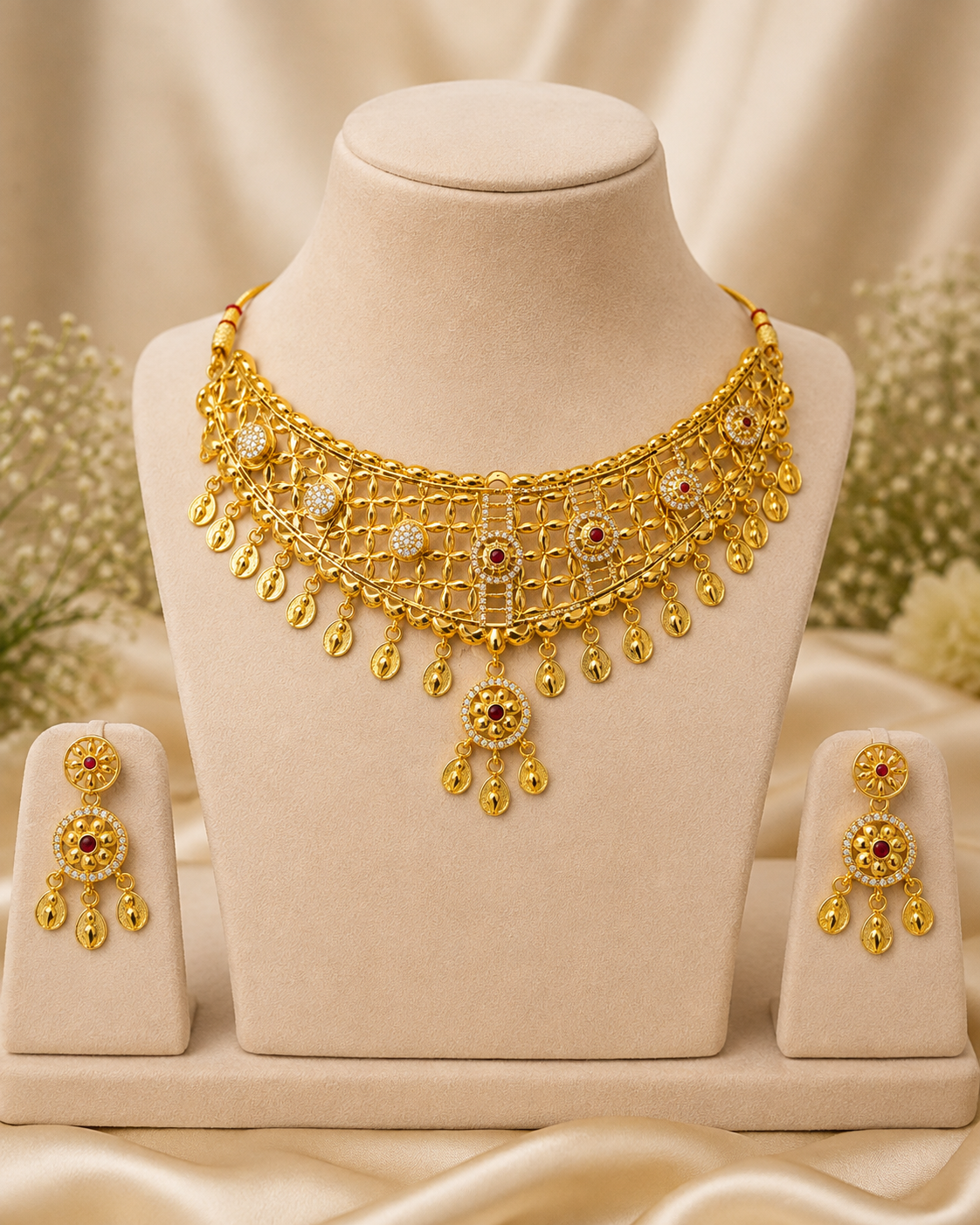 Rajwada Luxe Gold-Tone Bridal Necklace Set with Red Stone & Earrings