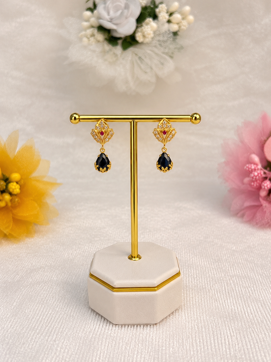 Gold Plated  Black Stone Drop Earrings for Women
