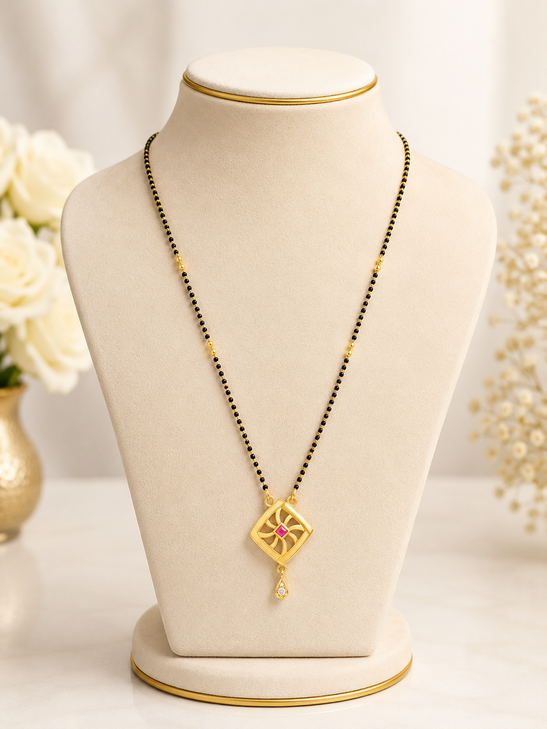 Geometric Ruby Drop Mangalsutra  Description: