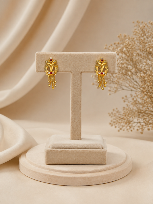 Gold-Plated Leaf Design Dangler Earrings with Red Stone | House of Sharanya