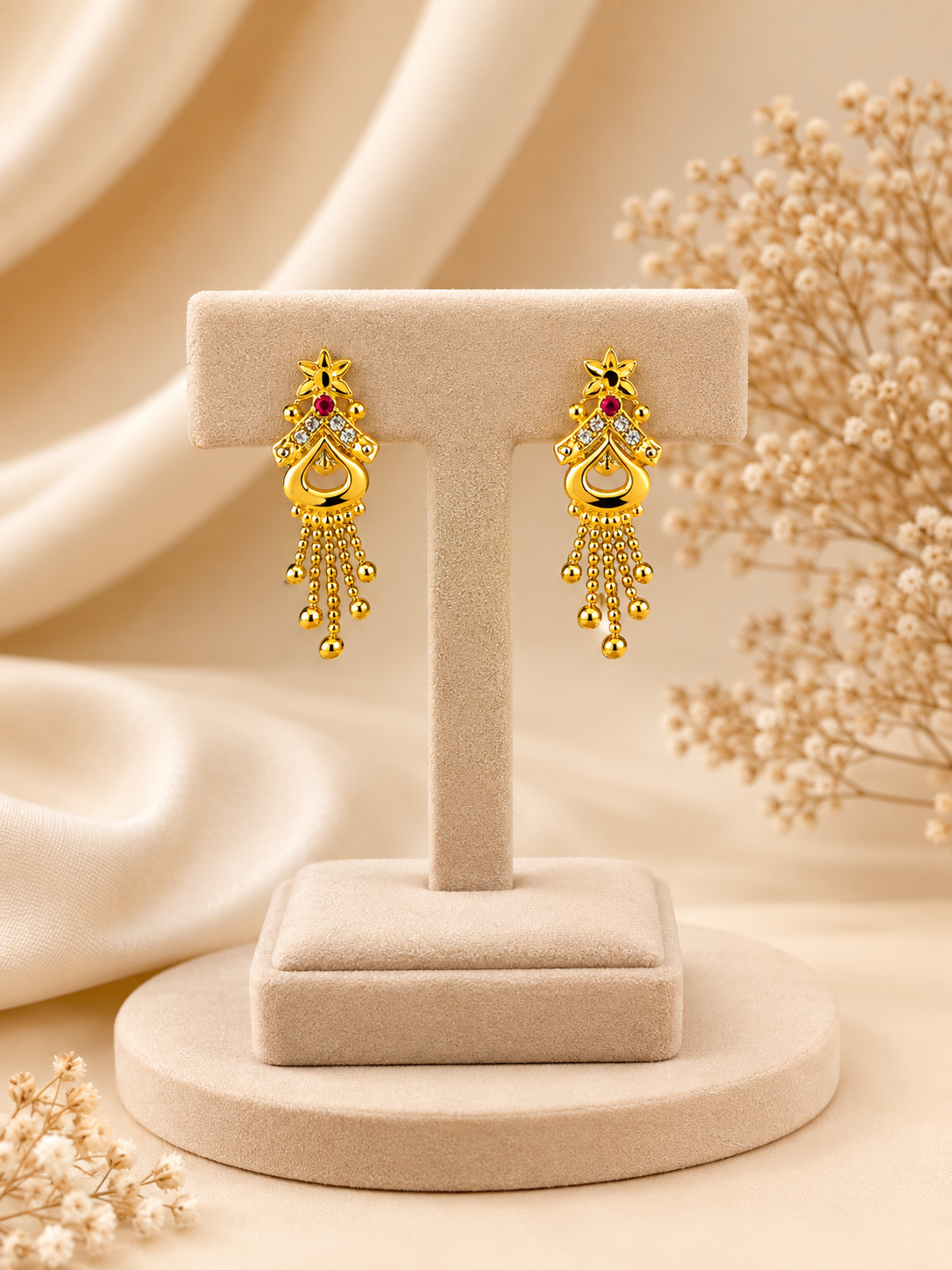 Floral Dangler Earrings with Red Stone & Hanging Beads | House of Sharanya