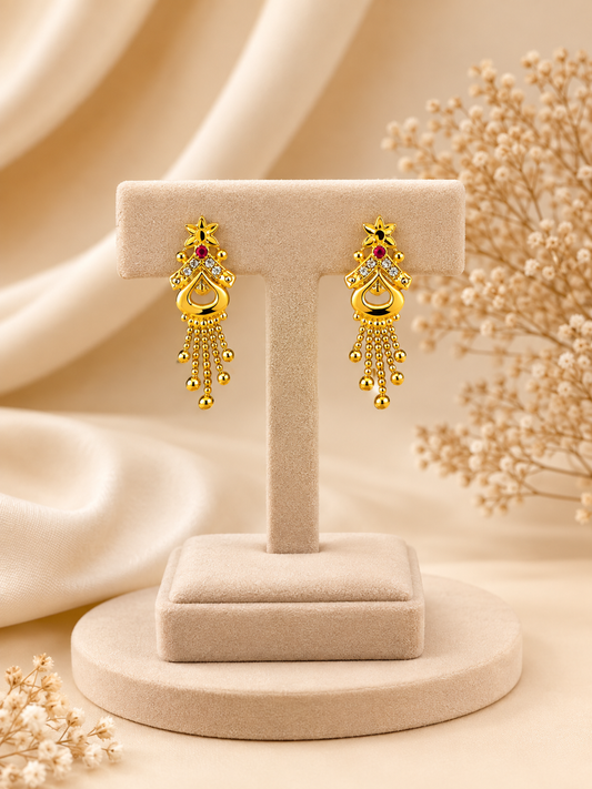 Floral Dangler Earrings with Red Stone & Hanging Beads | House of Sharanya