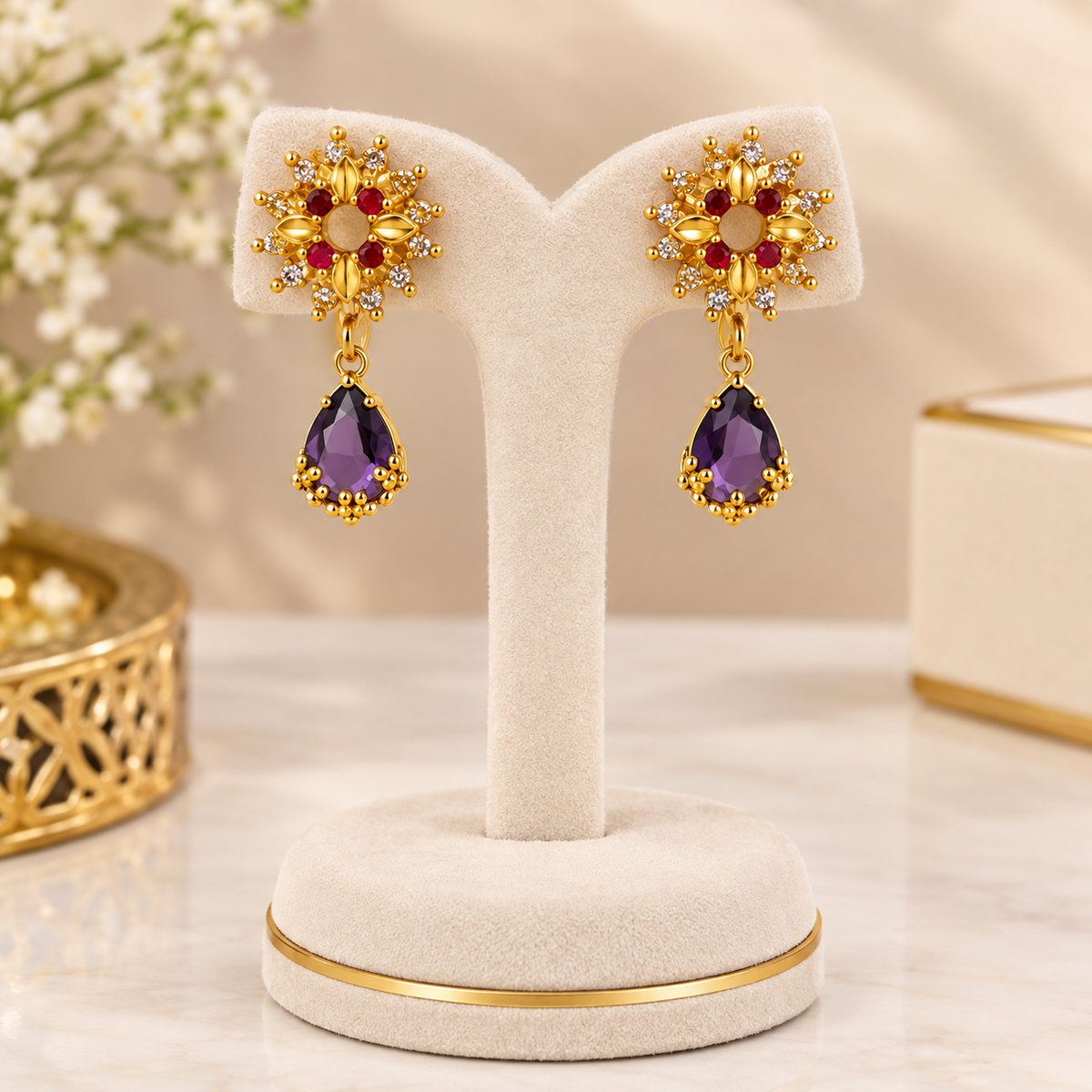 Gold Plated Purple Stone Floral Drop Earrings for Women