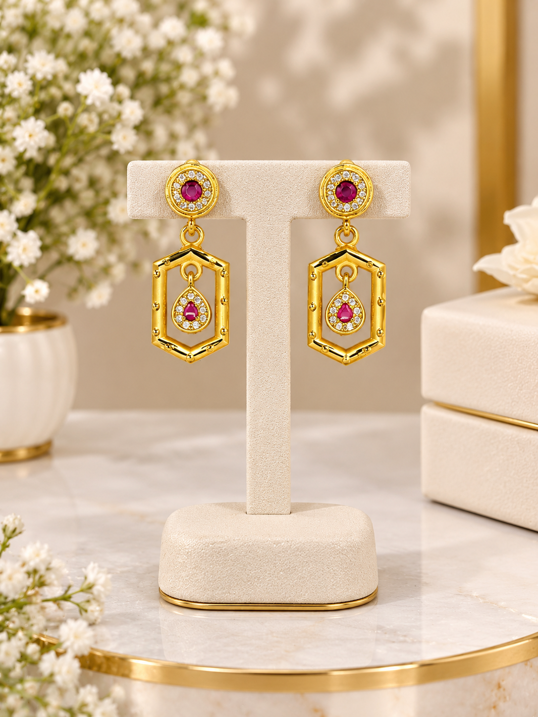 Gold Plated Ruby Stone Geometric Drop Earrings for Women
