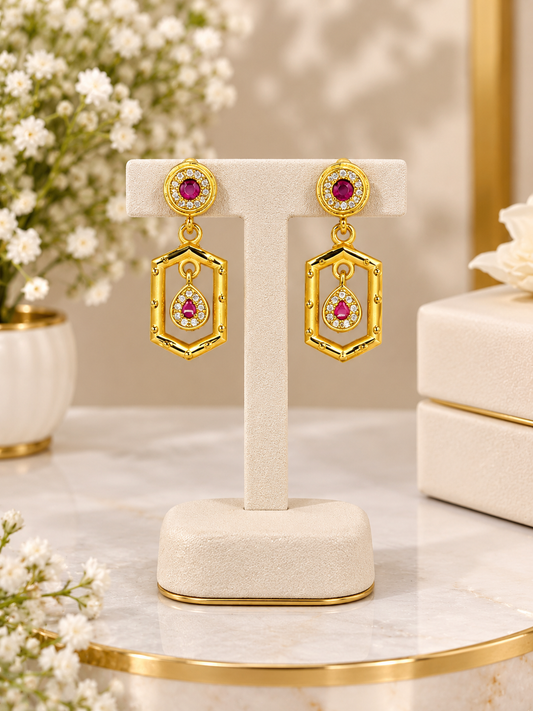 Gold Plated Ruby Stone Geometric Drop Earrings for Women
