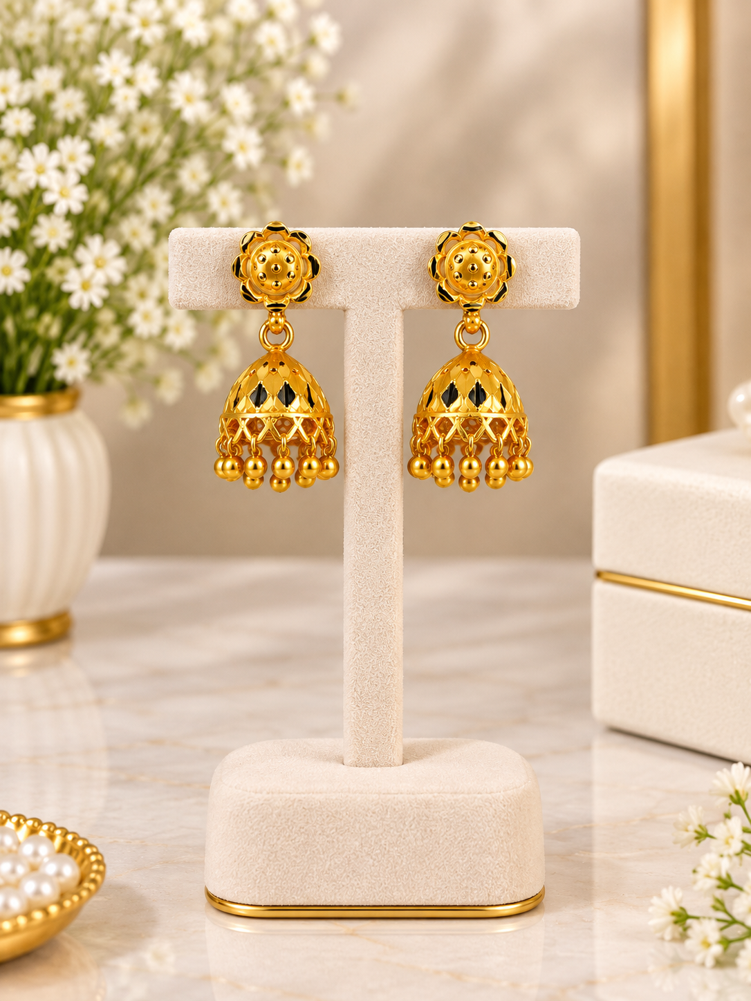 Golden Bloom Bell Jhumki Earrings