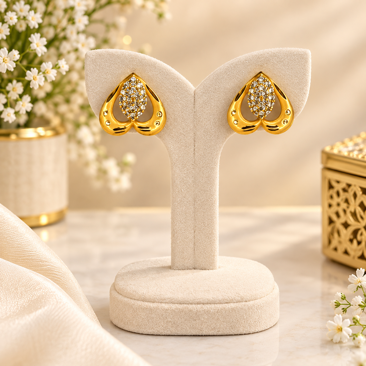 Gold Plated Heart Shape Crystal Stud Earrings for Women