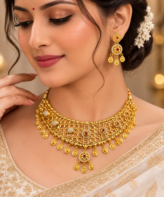 Rajwada Luxe Gold-Tone Bridal Necklace Set with Red Stone & Earrings